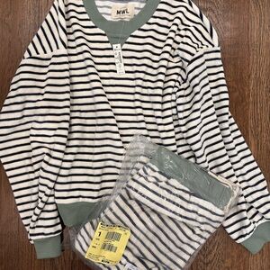 Madewell Navy Blue Striped Sweater with Green Trim